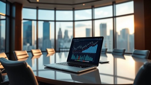 Laptop with financial graphs in a modern boardroom, TL loans for small businesses