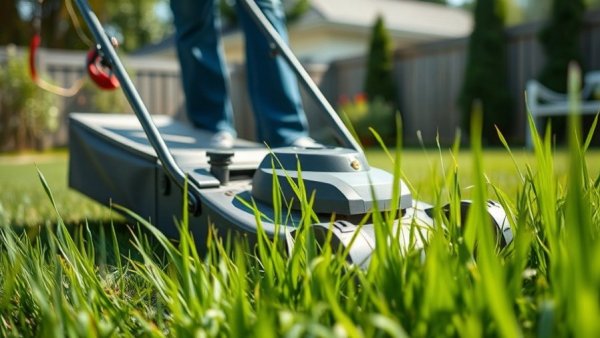 Man demonstrating mowing tall grass discharge techniques in backyard.