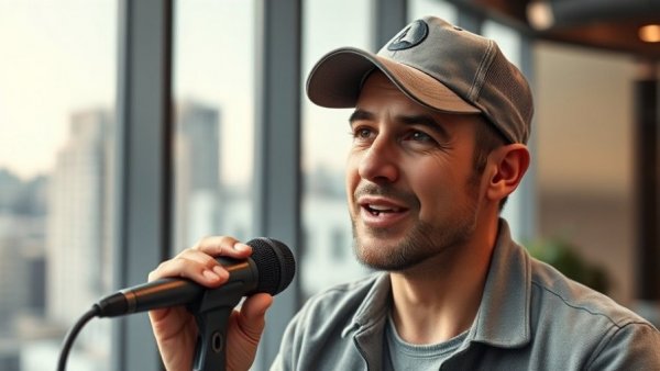 Digital communication engagement with man in a cap using a microphone.