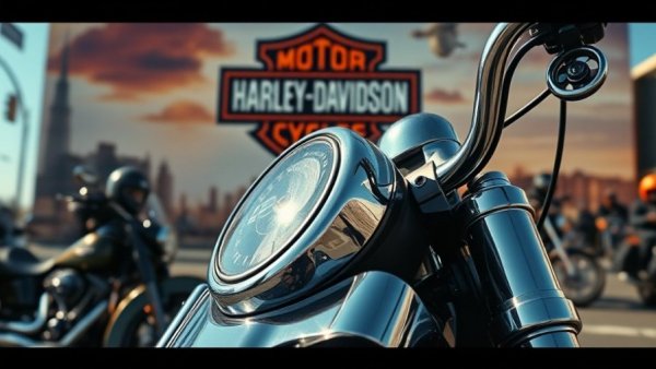 Harley-Davidson motorcycle with vibrant advertisement backdrop.