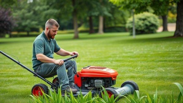 Landscaper mowing lawn, discussing lawn care retention tips.