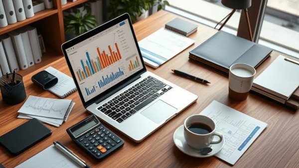 Financial report for small business workspace with charts and laptop.