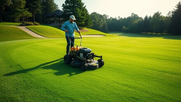 Elite golf course green mowing technique with precision.