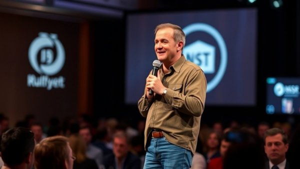 Humor in Technology Discussions: Man sharing a humorous speech on stage.