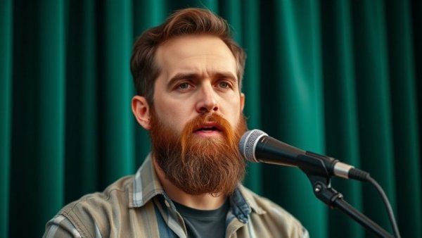 Bearded man discussing on a podcast with a green curtain backdrop.