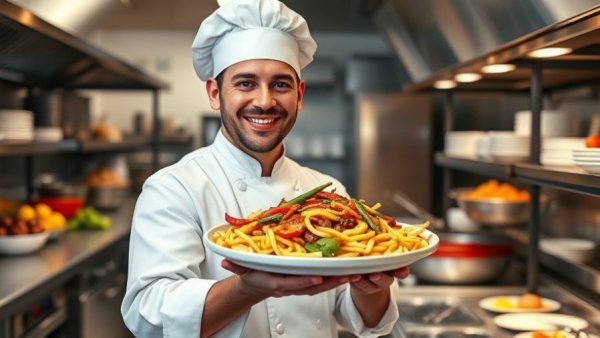 Chef presenting colorful dish in busy kitchen, representing Cheesecake Factory’s strategy.