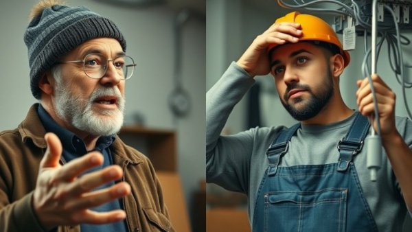 Split image with man speaking and electrician working, Electrician's Era.