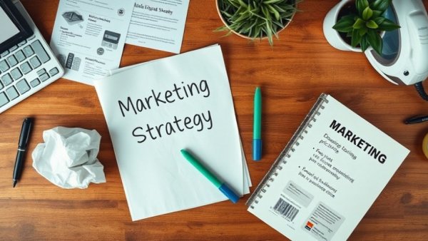 Marketing strategy table setup with books and tools.
