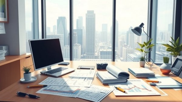 Corporate office desk with financial documents and tax calculations.