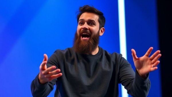 Dynamic presentation by a bearded man about company selling.
