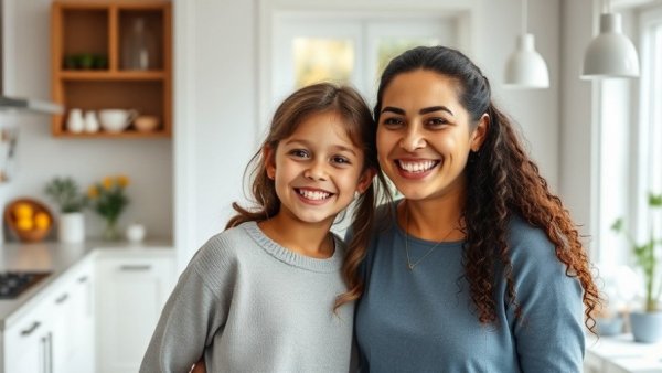 Mother and daughter smiling in bright kitchen with diapers displayed.