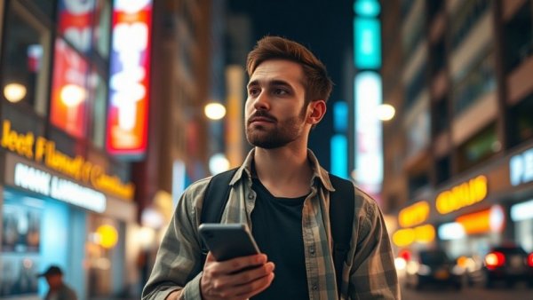 Casual man engaged in city at night, 'You’re somebody now meaning'.