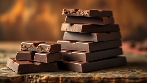 Stacked chocolate bars on wooden table, warm lighting, chocolate recall.