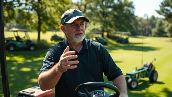 Man explaining golf course maintenance on lush green with equipment.