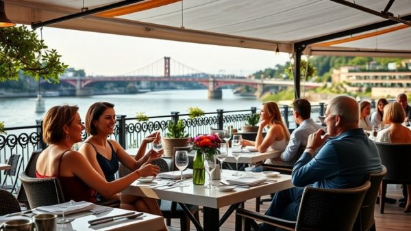 Summer restaurant staffing strategies: waitress serving on a riverside terrace.