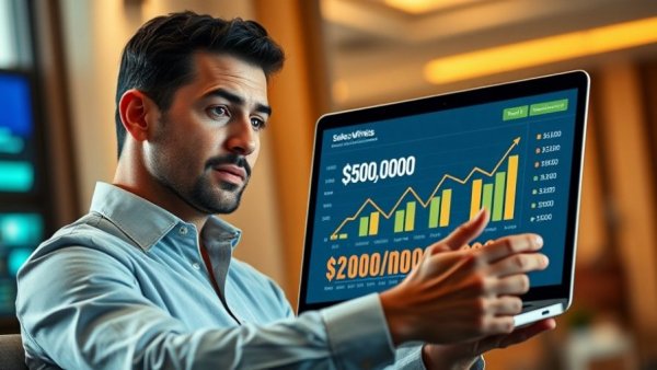 High ticket sales presentation with speaker and laptop.