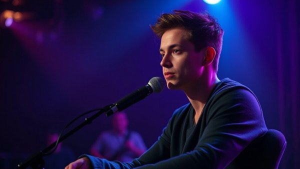 Young man speaking on stage in a dimly lit environment.