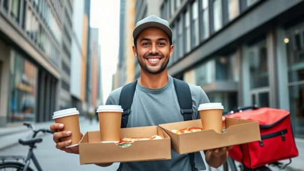 Delivery person with pizza boxes and coffee in modern setting, emphasizing restaurant delivery systems.