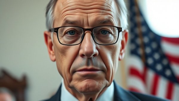 Serious older man in suit with American flag backdrop at summit