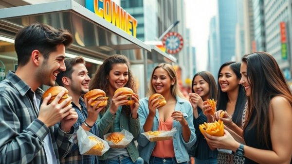 Diverse group enjoying unique food truck concepts with burgers.