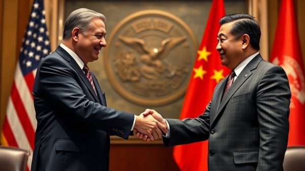 Boeing deal with China concept, two leaders shaking hands, flags behind.