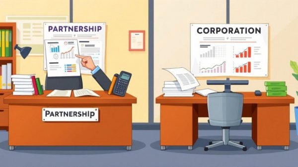 Cartoon showing tax differences between partnership and corporation entities.