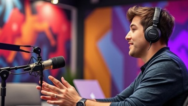 Young man discussing roofing sales on a podcast with vibrant backdrop.