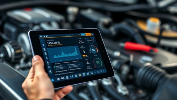 Advanced scan data displayed on tablet in car engine bay for battery diagnostics.