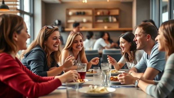 Young adults enjoying a meal in a modern restaurant, showcasing affordable indulgence dining trends.