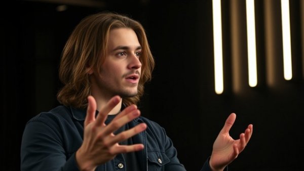 Young man explaining a topic indoors, gesturing dynamically.