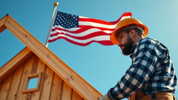 Construction worker building new home under American flag.