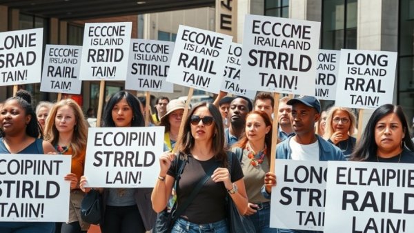 Long Island Rail Road strike protestors in front of station.