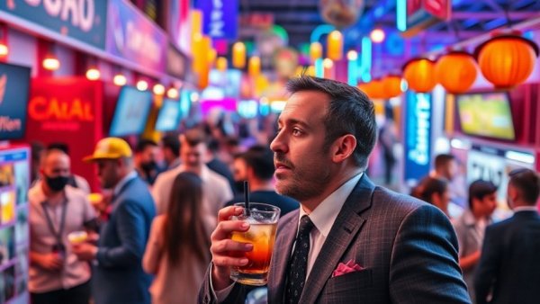 Man enjoys drink at vibrant Coca-Cola booth event.