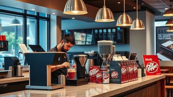 Barista preparing Keurig Dr Pepper beverages in a modern café.