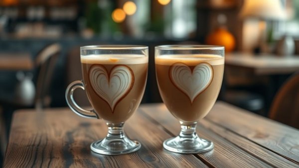 Matcha and coffee lattes with heart art on wooden table.