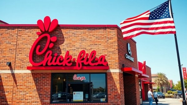 Chick-fil-A exterior showcasing brand and American flag