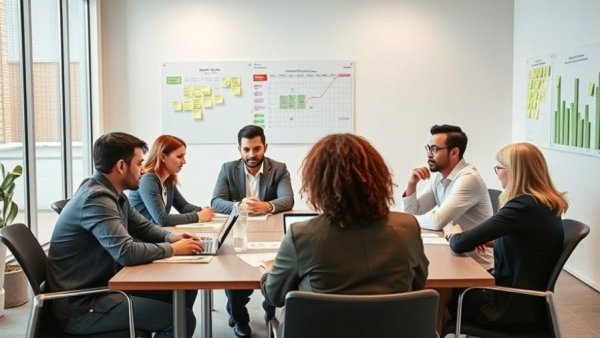 Diverse professionals collaborating on a service strategy plan in an office.