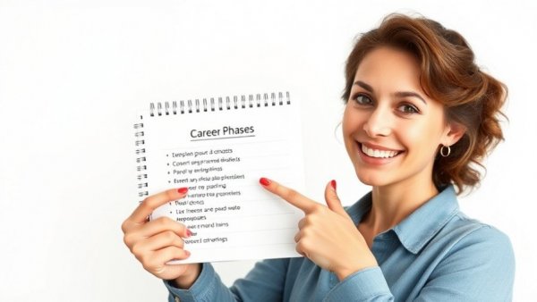 Woman pointing at notebook with career growth phases listed, real estate career growth.