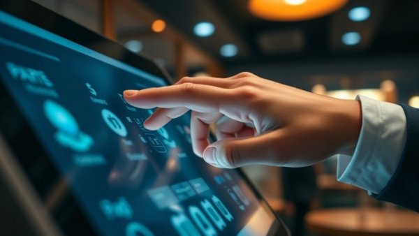Shift4 restaurant payments touchscreen interaction, modern technology.