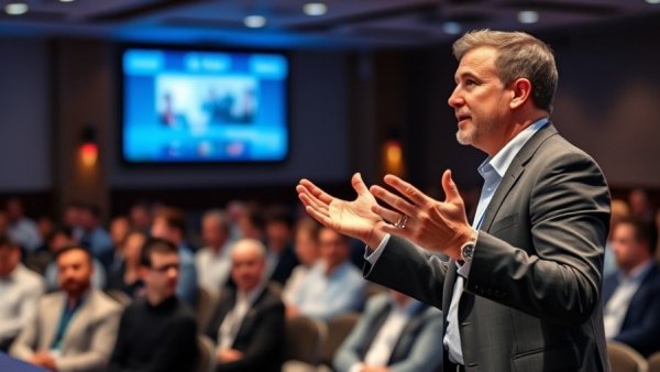 Confident speaker presenting on stage with vibrant backdrop.