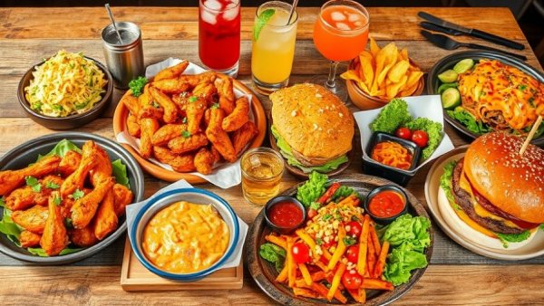 Aerial view of colorful shareable and snackable dining spread.