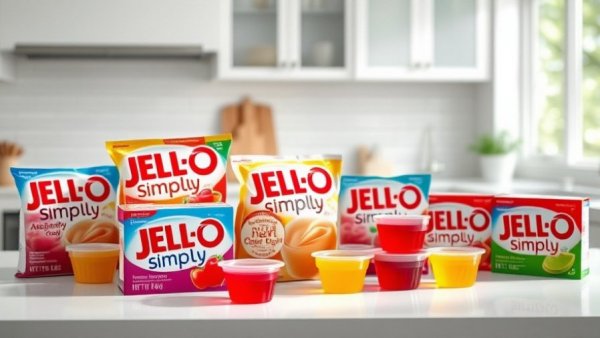 Vibrant display of assorted Jell-O Simply products on a kitchen countertop.