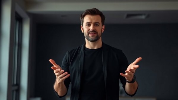 Man in black shirt gesturing with motivational expression, fear of rejection theme.
