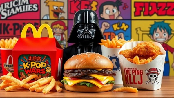 Vibrant QSR menus showcasing IP collaborations with Star Wars and more.