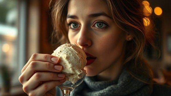 Woman tasting parmesan ice cream at MenuMasters Celebration event.