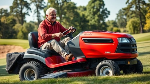 Mowing vs. Rolling for Fast Greens: Man using riding mower on golf course.