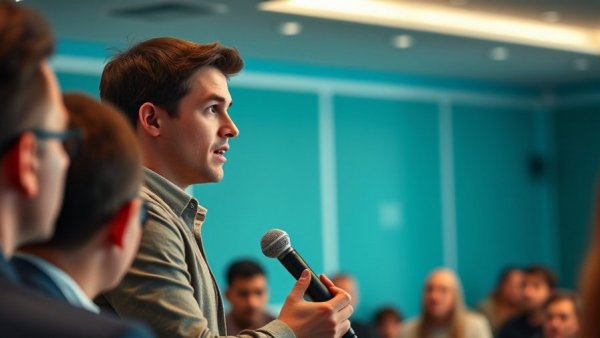 Young male speaker at conference, addressing audience with confidence.