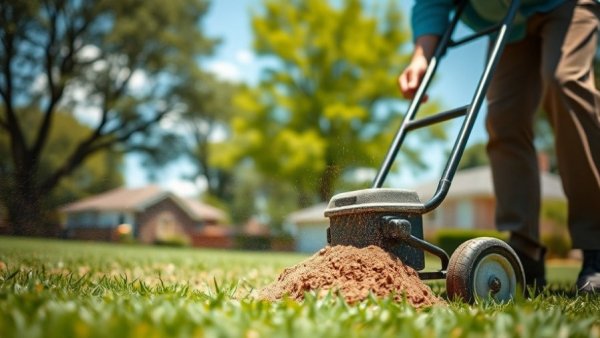 Focused gardener using lawn top-dresser, showcasing lawn renovation techniques.