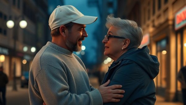 Two people supporting each other warmly in a dimly lit evening setting.