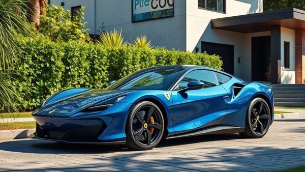 Sleek blue Ferrari Luce electric car in modern driveway.